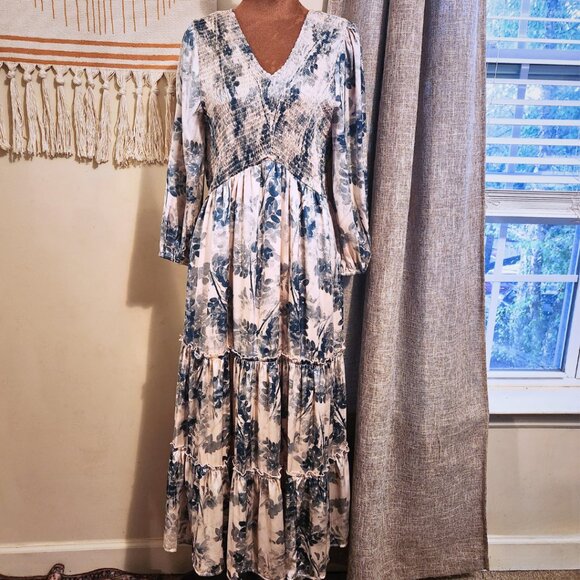 Hayden Los Angeles Blue and Ivory Maxi Dress | Winter Toned Boho | Size M - Picture 1 of 11